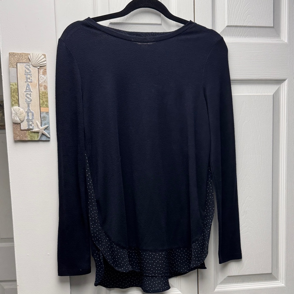 LOFT Blue Long Sleeve t-shirt, with blue and white polkadots and a ruffle hem